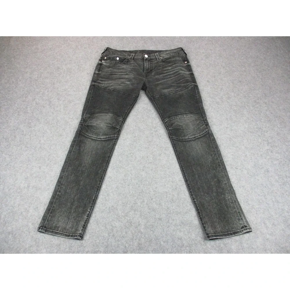 True Religion Jeans Mens 38 Gray Rocco Moto Relaxed Skinny Pocket Embroidery